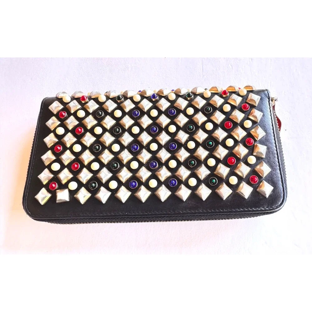 Christian Louboutin ‎ Studded Black Leather Zip Around Wallet Red Interior GUC